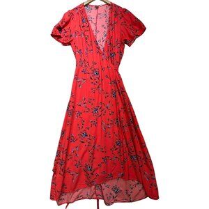 Gap Women's Midi Wrap Dress Short Sleeve High Low Hem Size M Red Blue Floral